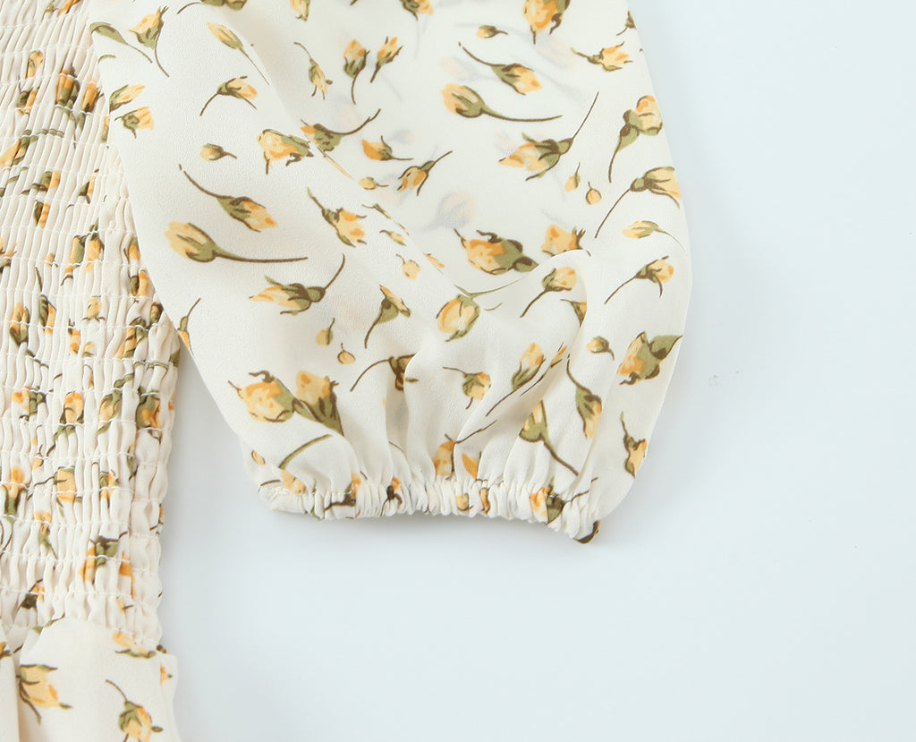 Wind Palace Small Floral-Print Square-Neck Puff Sleeve Split Dress