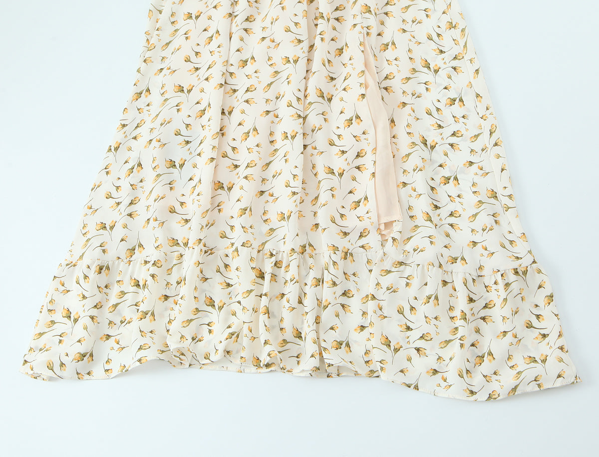 Wind Palace Small Floral-Print Square-Neck Puff Sleeve Split Dress