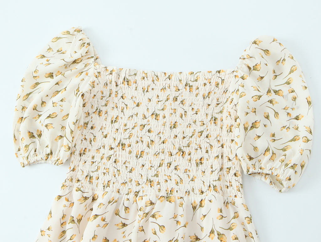 Wind Palace Small Floral-Print Square-Neck Puff Sleeve Split Dress