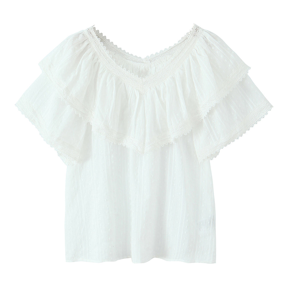 Women's Summer French Vintage Lace Stitching Sweet Lotus Leaf Loose Top Shirt