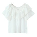 Women's Summer French Vintage Lace Stitching Sweet Lotus Leaf Loose Top Shirt