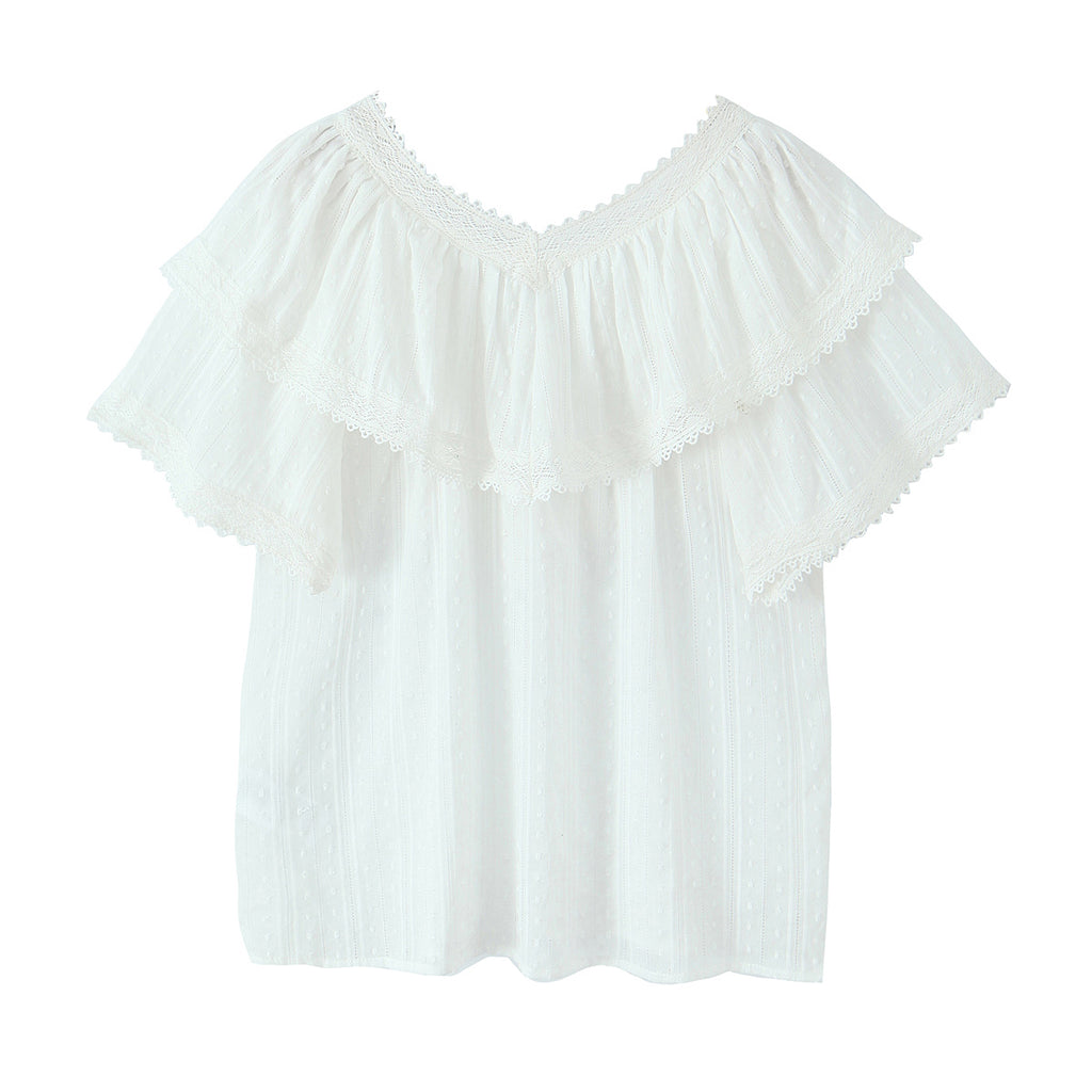 Women's Summer French Vintage Lace Stitching Sweet Lotus Leaf Loose Top Shirt