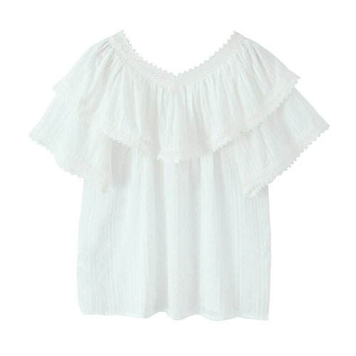 Summer French Vintage Lace Stitching Sweet Lotus Leaf Loose Top Shirt