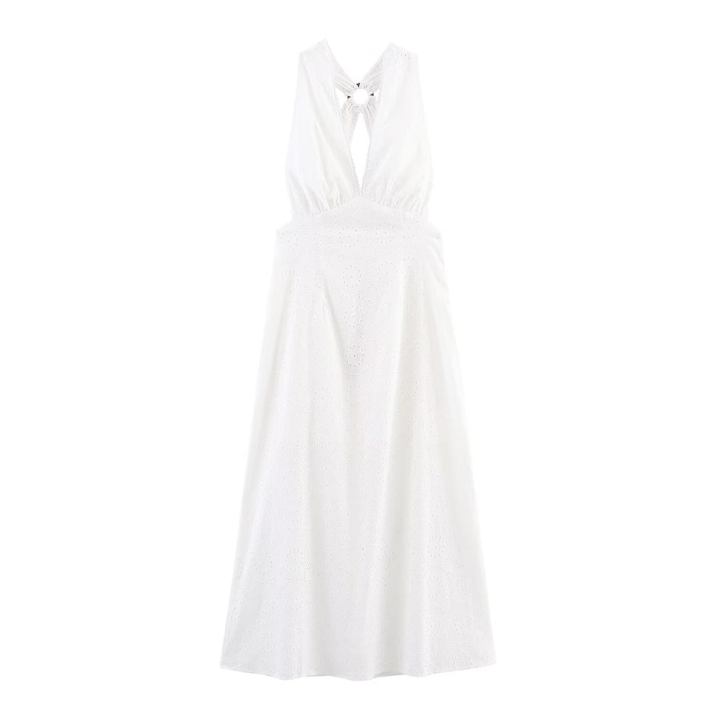 Women Clothing Summer French Sexy Backless Embroidery Midi Dress