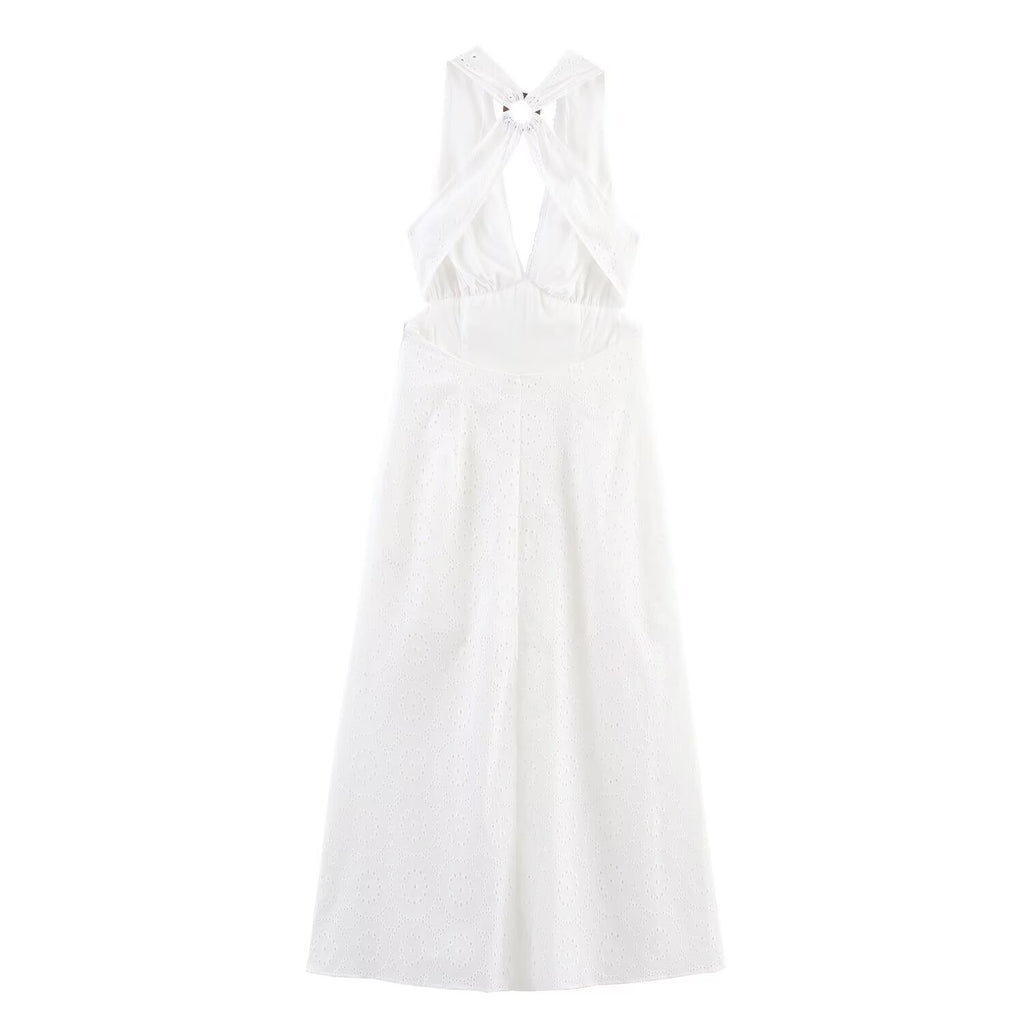 Women Clothing Summer French Sexy Backless Embroidery Midi Dress