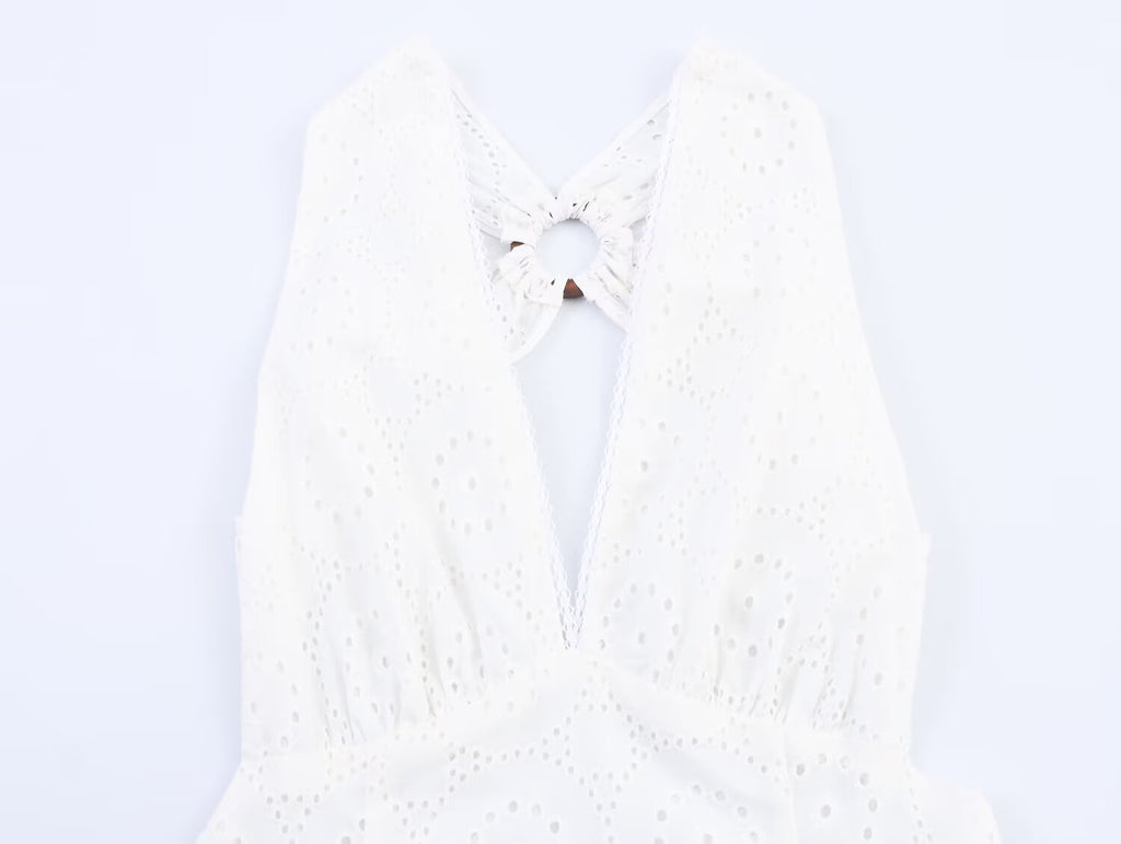 Women Clothing Summer French Sexy Backless Embroidery Midi Dress
