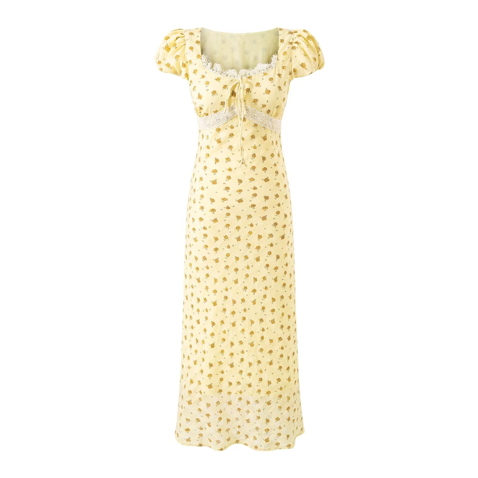 Women's Gentle Square Collar Lace Stitching Bow Lace Up Short Sleeve Floral Dress Waist Slim Fit Vacation Dress