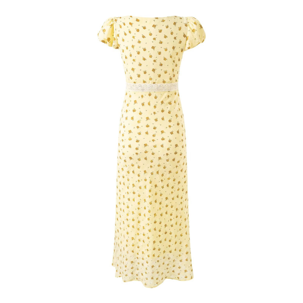 Women's Gentle Square Collar Lace Stitching Bow Lace Up Short Sleeve Floral Dress Waist Slim Fit Vacation Dress