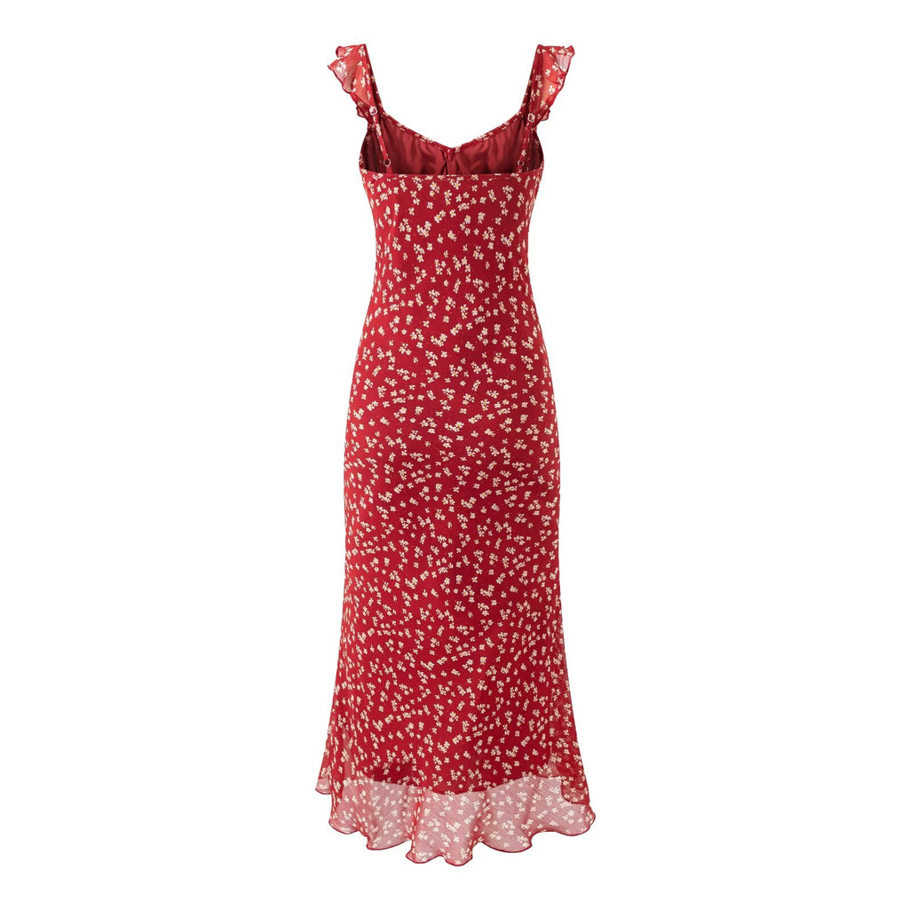 Women's Red Small Floral Sling Dress Women Summer Tight Waist A Line Slimming Backless Holiday Maxi Dress