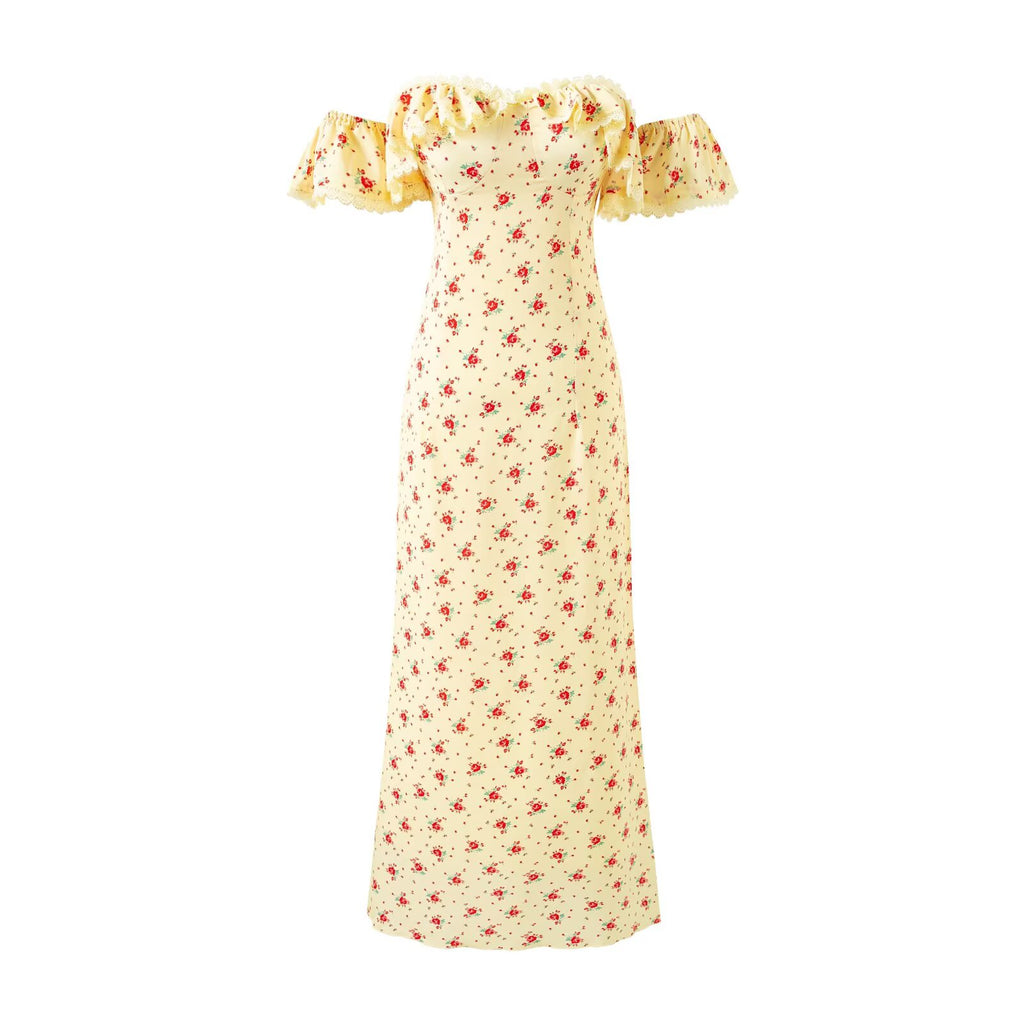 Women's Off-Shoulder Floral Lace Ruffle Bodycon Midi Dress