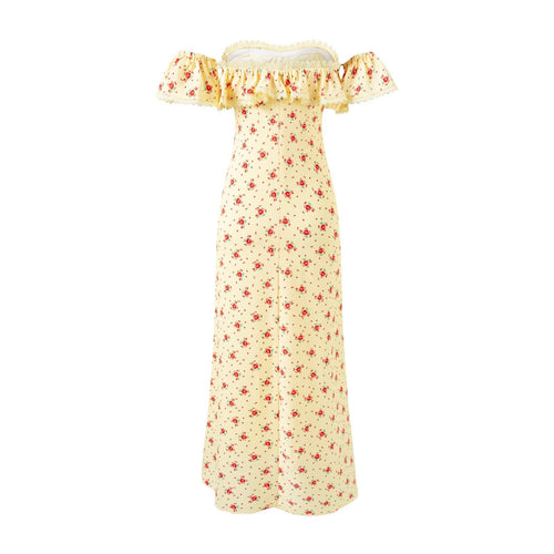 Women's Off-Shoulder Floral Lace Ruffle Bodycon Midi Dress