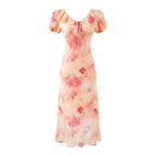 Women's Romantic Vacation Gentle Rose Print Short Sleeved Dress Women Design Bow Ruffled V Neck Dress