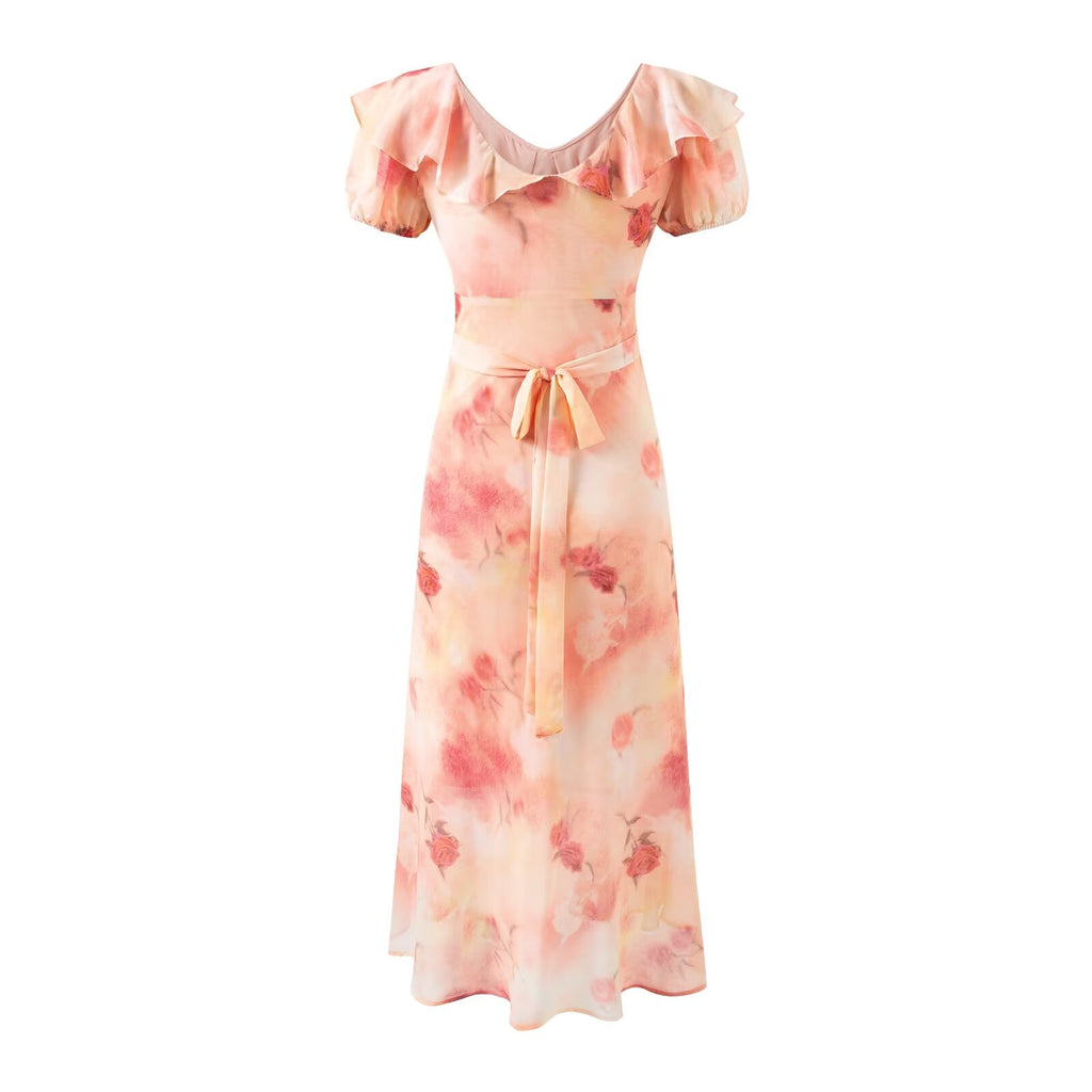 Women's Romantic Vacation Gentle Rose Print Short Sleeved Dress Women Design Bow Ruffled V Neck Dress