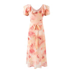 Women's Romantic Vacation Gentle Rose Print Short Sleeved Dress Women Design Bow Ruffled V Neck Dress