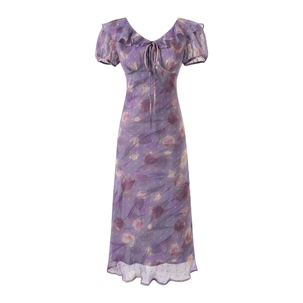 Women's Lace Up Light Purple Ruffled Maxi Dress Women Summer Tight Waist Slim Fit Dress