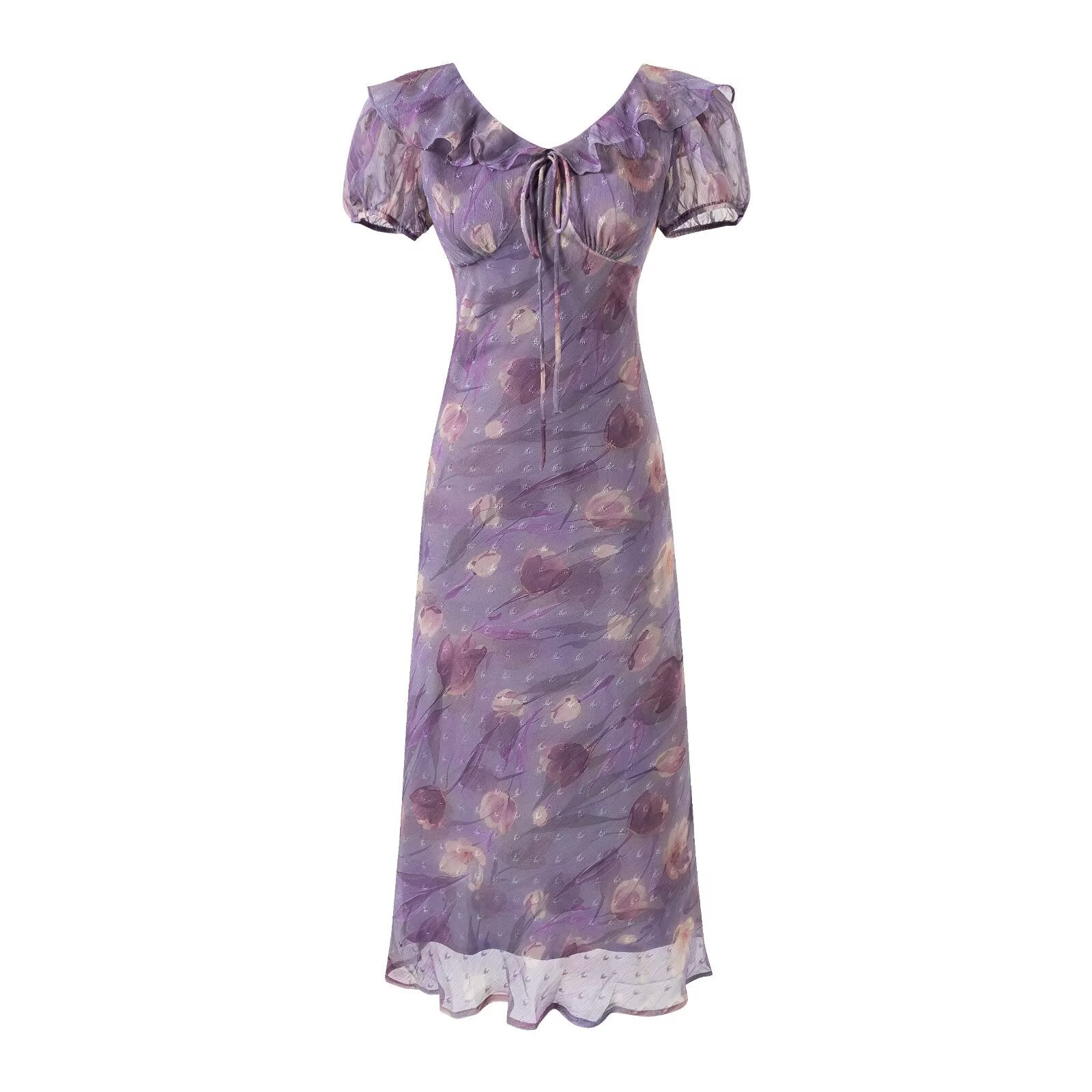 Women's Lace Up Light Purple Ruffled Maxi Dress Women Summer Tight Waist Slim Fit Dress