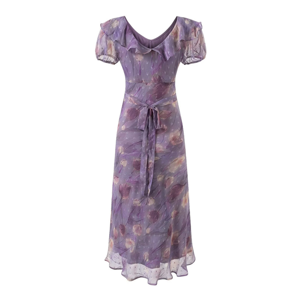 Women's Lace Up Light Purple Ruffled Maxi Dress Women Summer Tight Waist Slim Fit Dress