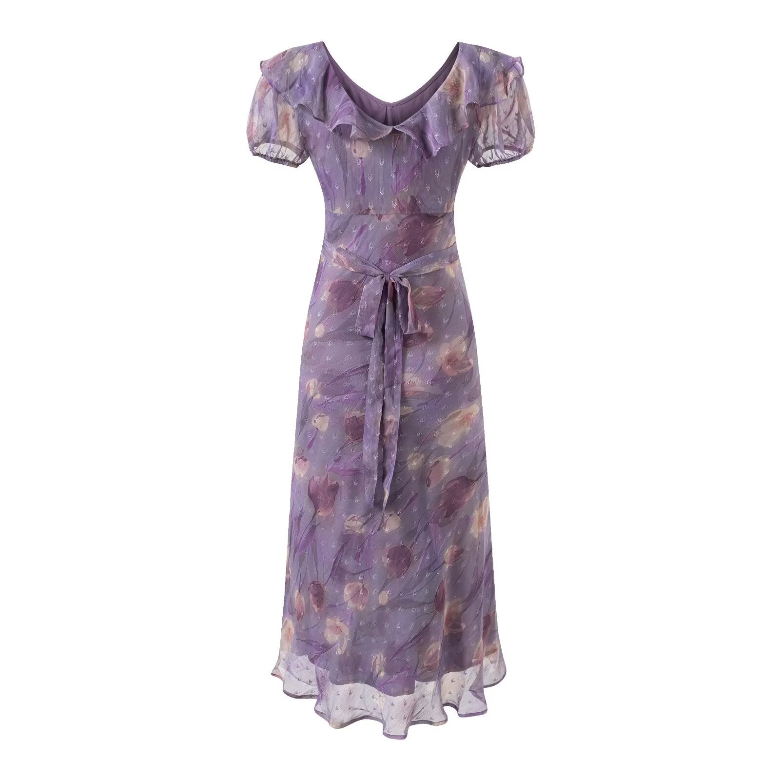 Women's Lace Up Light Purple Ruffled Maxi Dress Women Summer Tight Waist Slim Fit Dress