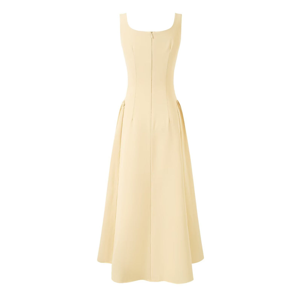 Women's Yellow Square-Neck Pleated Dress