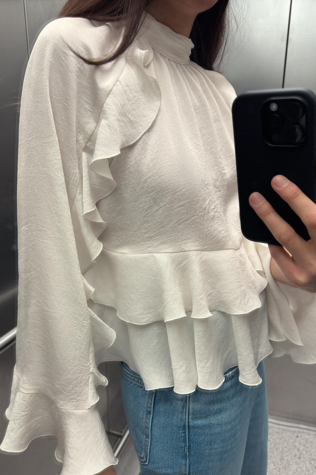 Women's Ruched Ruffle Stand-Collar Blouse