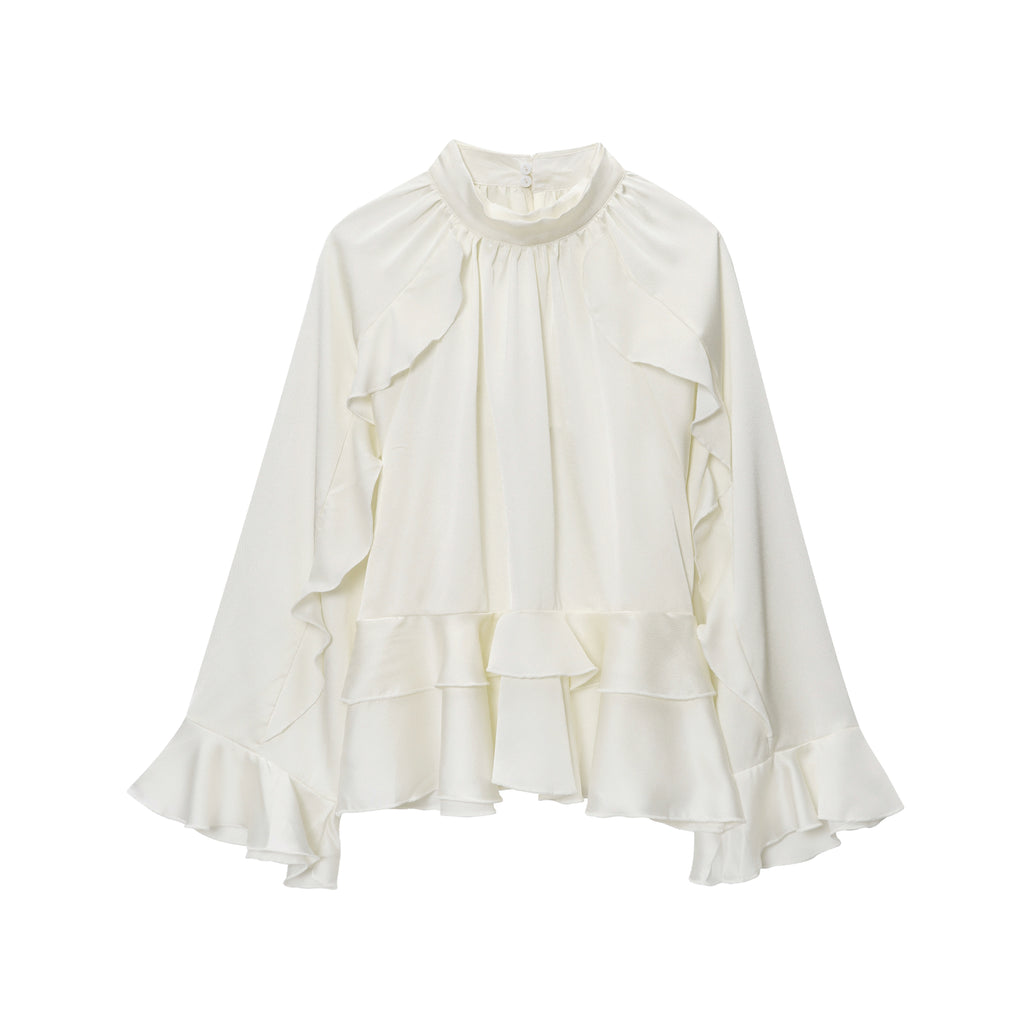 Women's Ruched Ruffle Stand-Collar Blouse