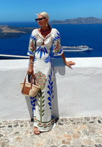 Women's V-Neck Floral Cutout Backless Half-Sleeve A-Line Maxi Dress