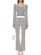 Women's Short Slim Fit Knitted Cardigan Hooded Top Slim Hip Striped Knitted Bootcut Tr