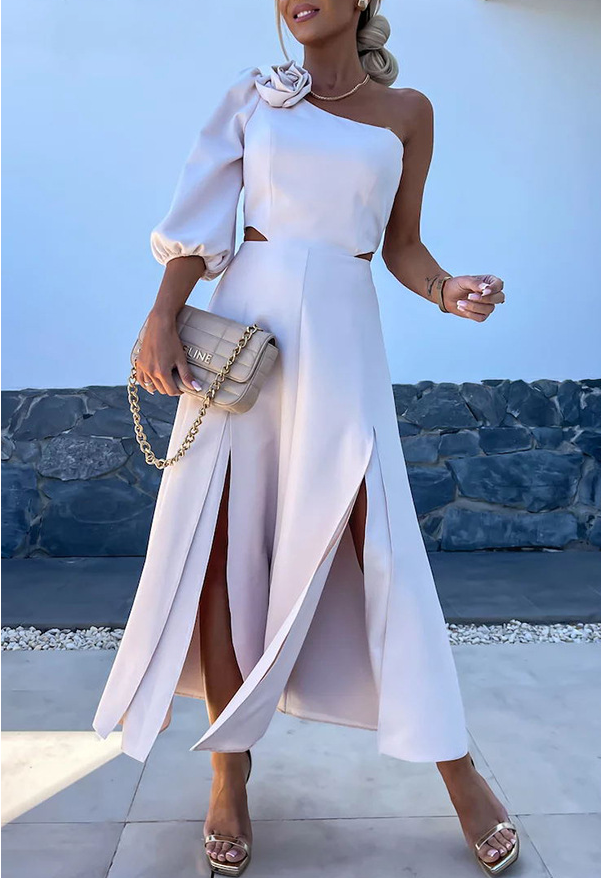 Women's Apricot One-Shoulder Split Satin Midi Dress