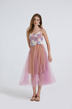 Floral Embroidered Spaghetti-Strap Midi Dress