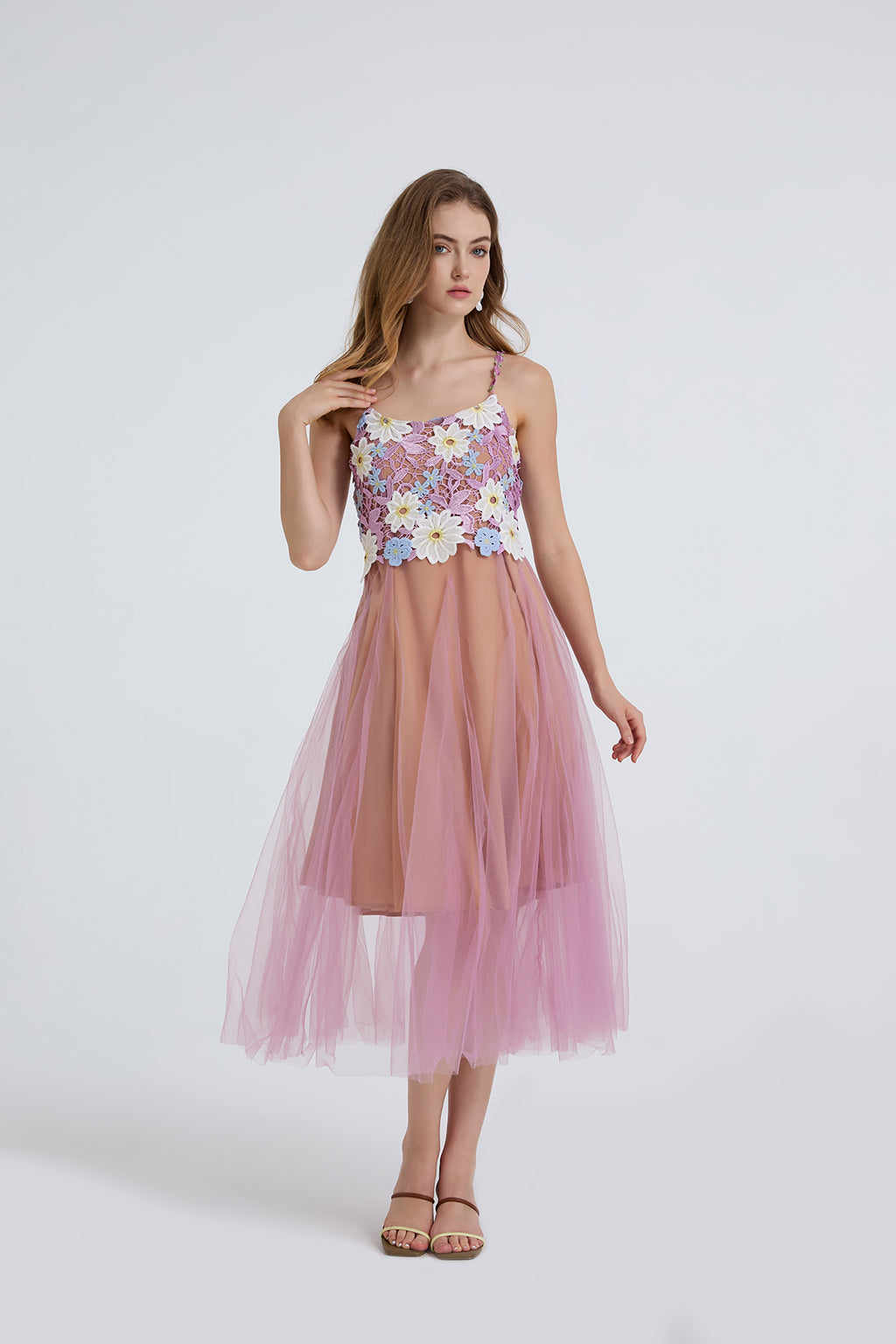 Floral Embroidered Spaghetti-Strap Midi Dress