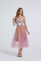 Floral Embroidered Spaghetti-Strap Midi Dress