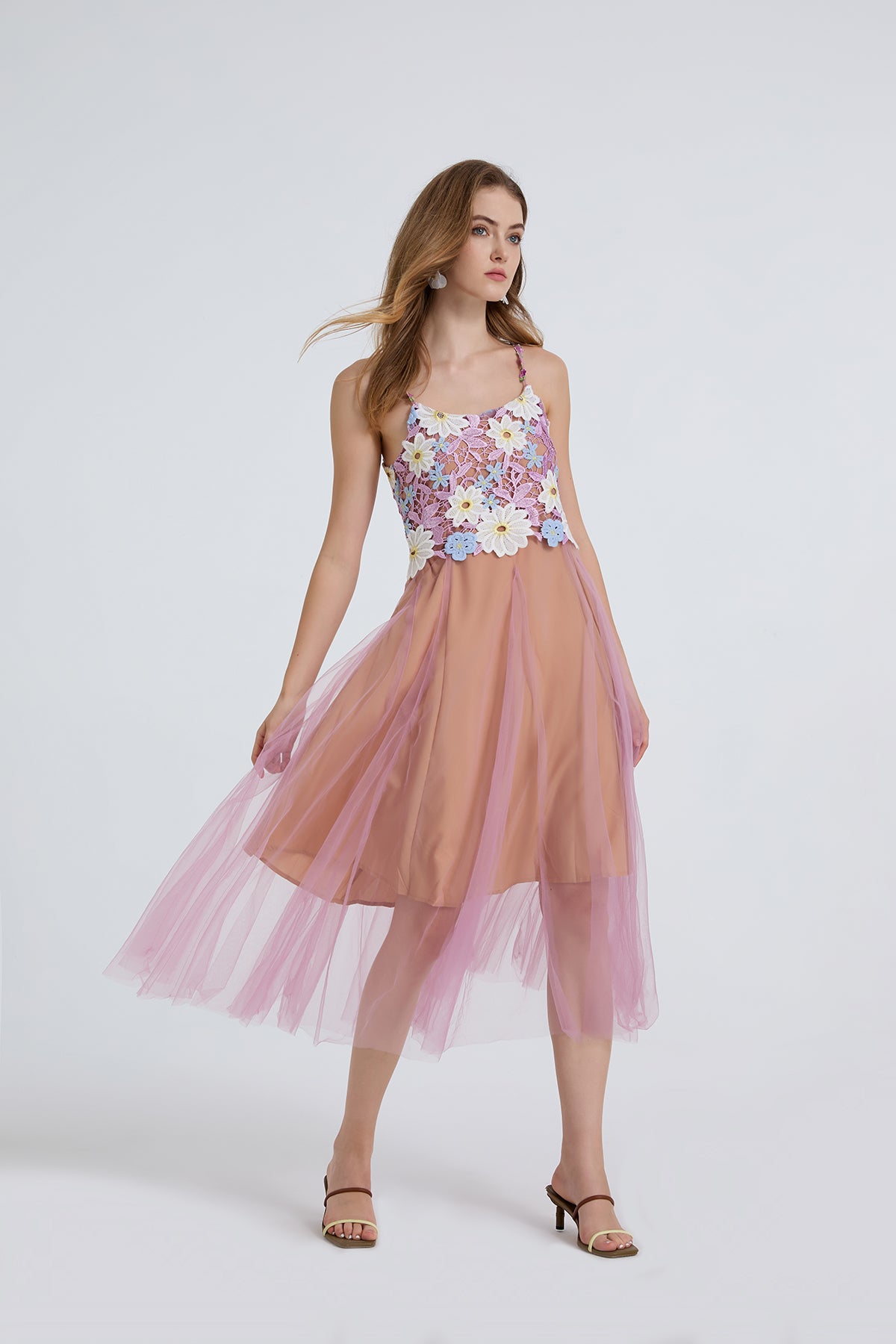 Floral Embroidered Spaghetti-Strap Midi Dress