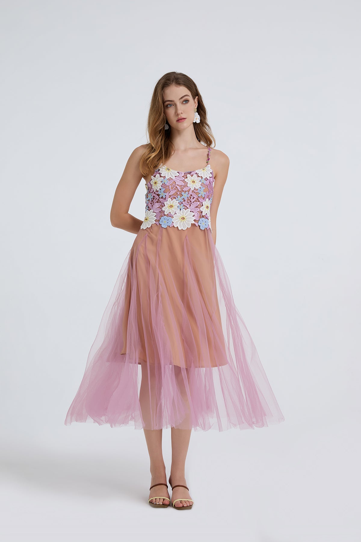 Floral Embroidered Spaghetti-Strap Midi Dress