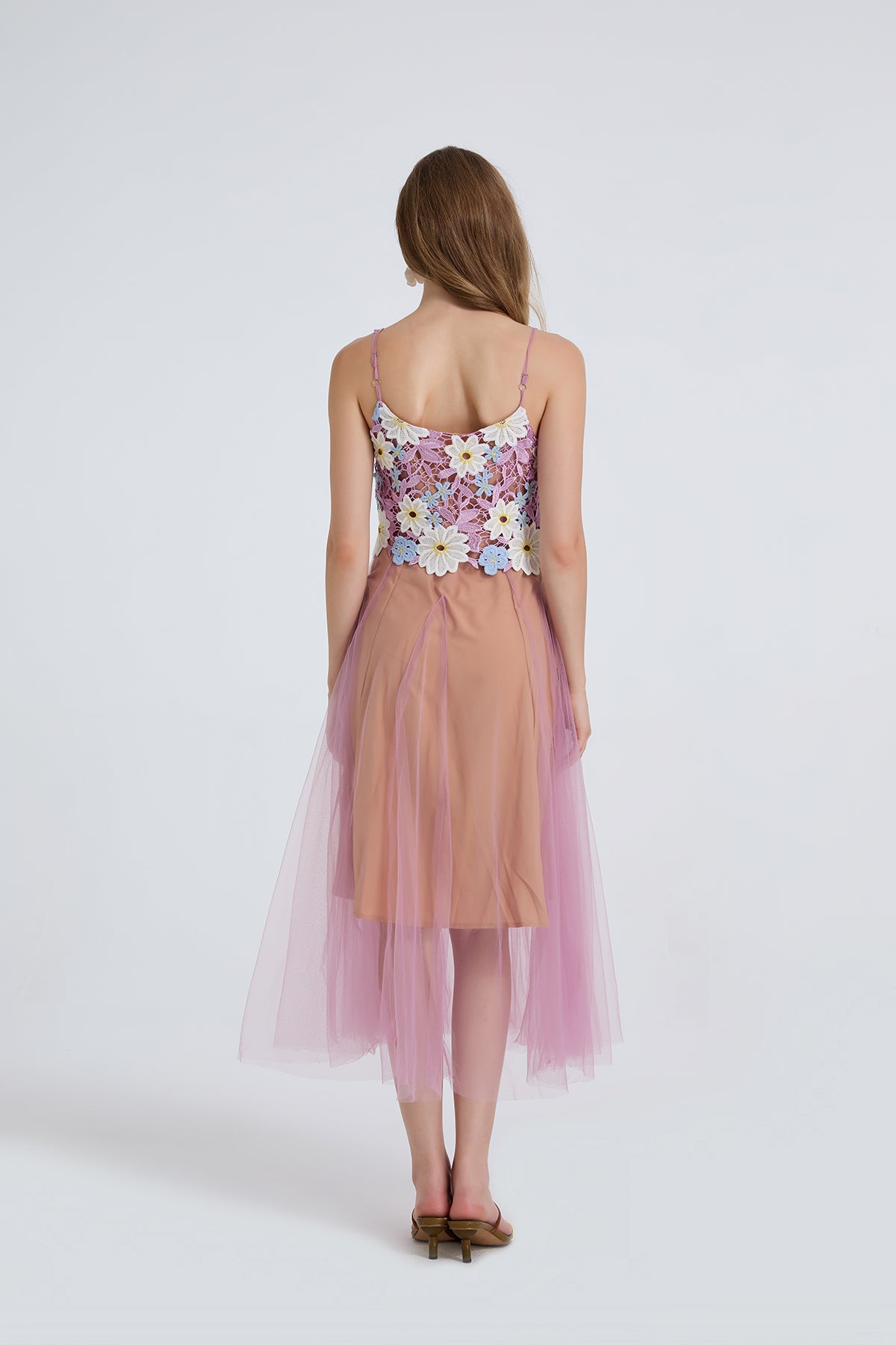 Floral Embroidered Spaghetti-Strap Midi Dress