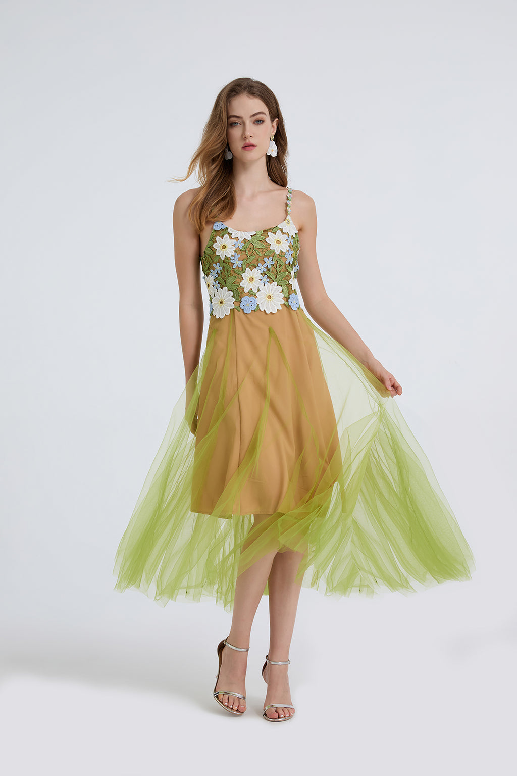 Floral Embroidered Spaghetti-Strap Midi Dress