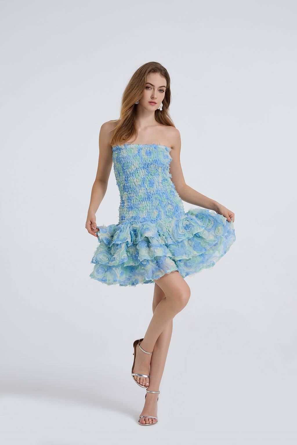 Floral Strapless Ruffle Tiered Mini Dress