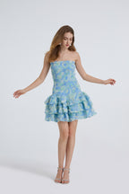 Floral Strapless Ruffle Tiered Mini Dress