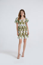 Women's Floral Embroidered Puff-Sleeve Mini Dress