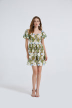 Women's Floral Embroidered Puff-Sleeve Mini Dress