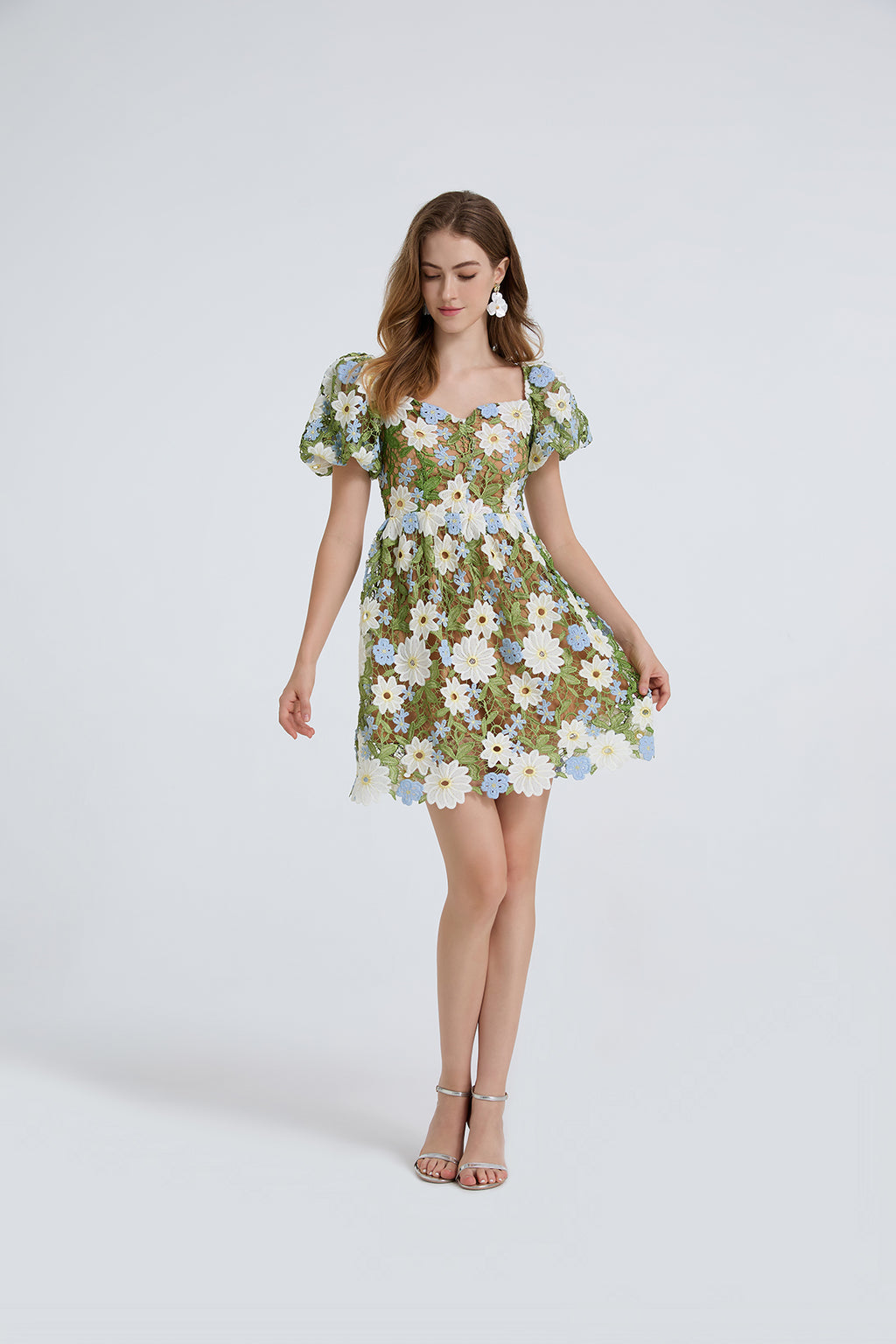 Women's Floral Embroidered Puff-Sleeve Mini Dress