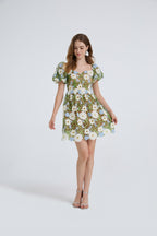 Women's Floral Embroidered Puff-Sleeve Mini Dress