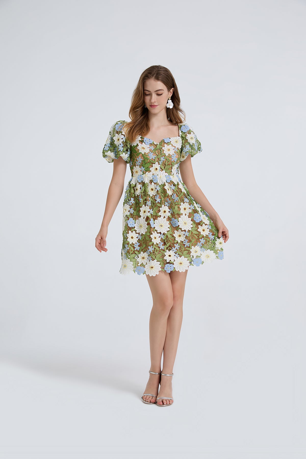 Women's Floral Embroidered Puff-Sleeve Mini Dress