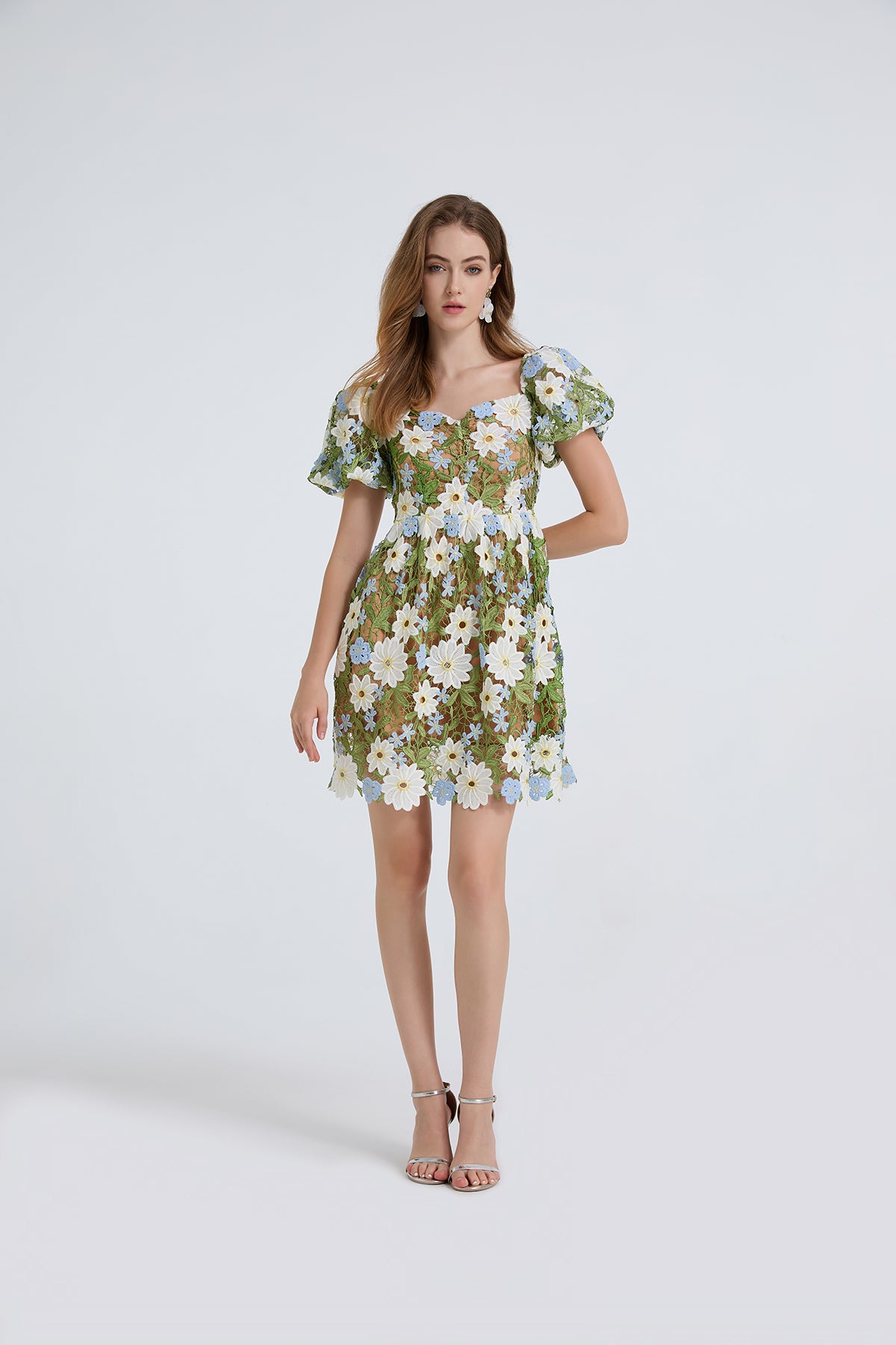 Women's Floral Embroidered Puff-Sleeve Mini Dress