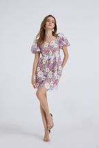Women's Floral Embroidered Puff-Sleeve Mini Dress