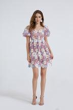 Women's Floral Embroidered Puff-Sleeve Mini Dress