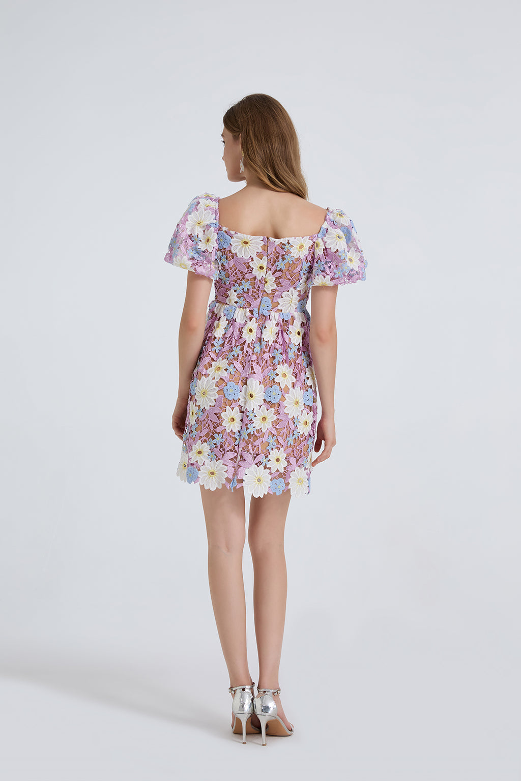 Women's Floral Embroidered Puff-Sleeve Mini Dress