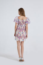 Women's Floral Embroidered Puff-Sleeve Mini Dress