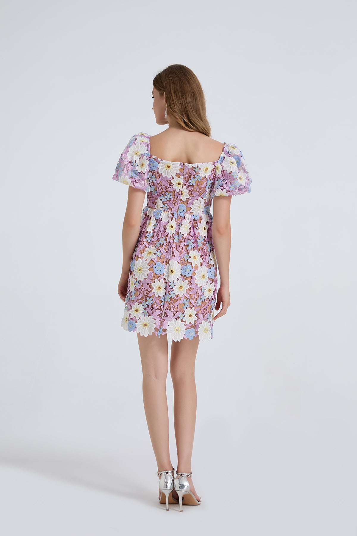 Women's Floral Embroidered Puff-Sleeve Mini Dress