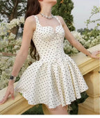Women's Hepburn Tight Waist Back Elastic Smocking Polka Dot Tulle Tutu Dress