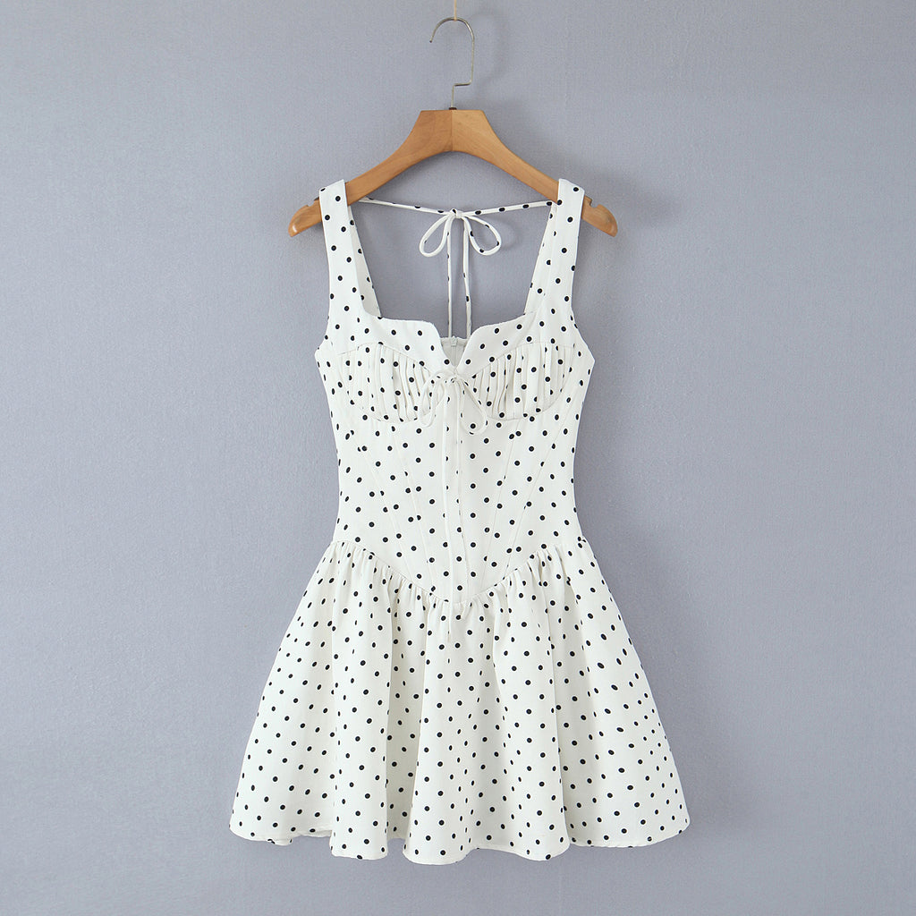 Women's Hepburn Tight Waist Back Elastic Smocking Polka Dot Tulle Tutu Dress